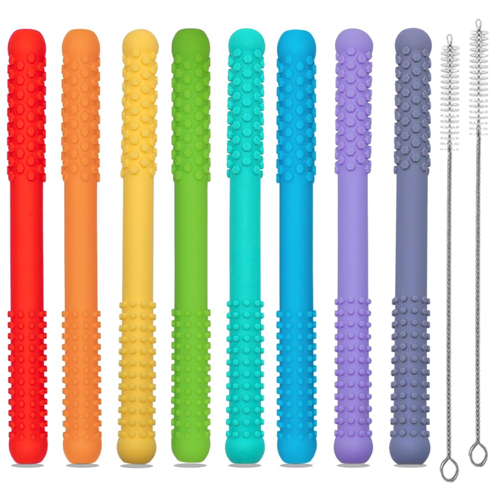 Teething Straws Sticks for Babies 6-12 12-18 Months, Hollow Chew Tubes for Infant Toddlers Nursing Biting Chewing, 8 Pack Silicone Teethers Autism Chew Toys for Sensory Kids Teething Relief