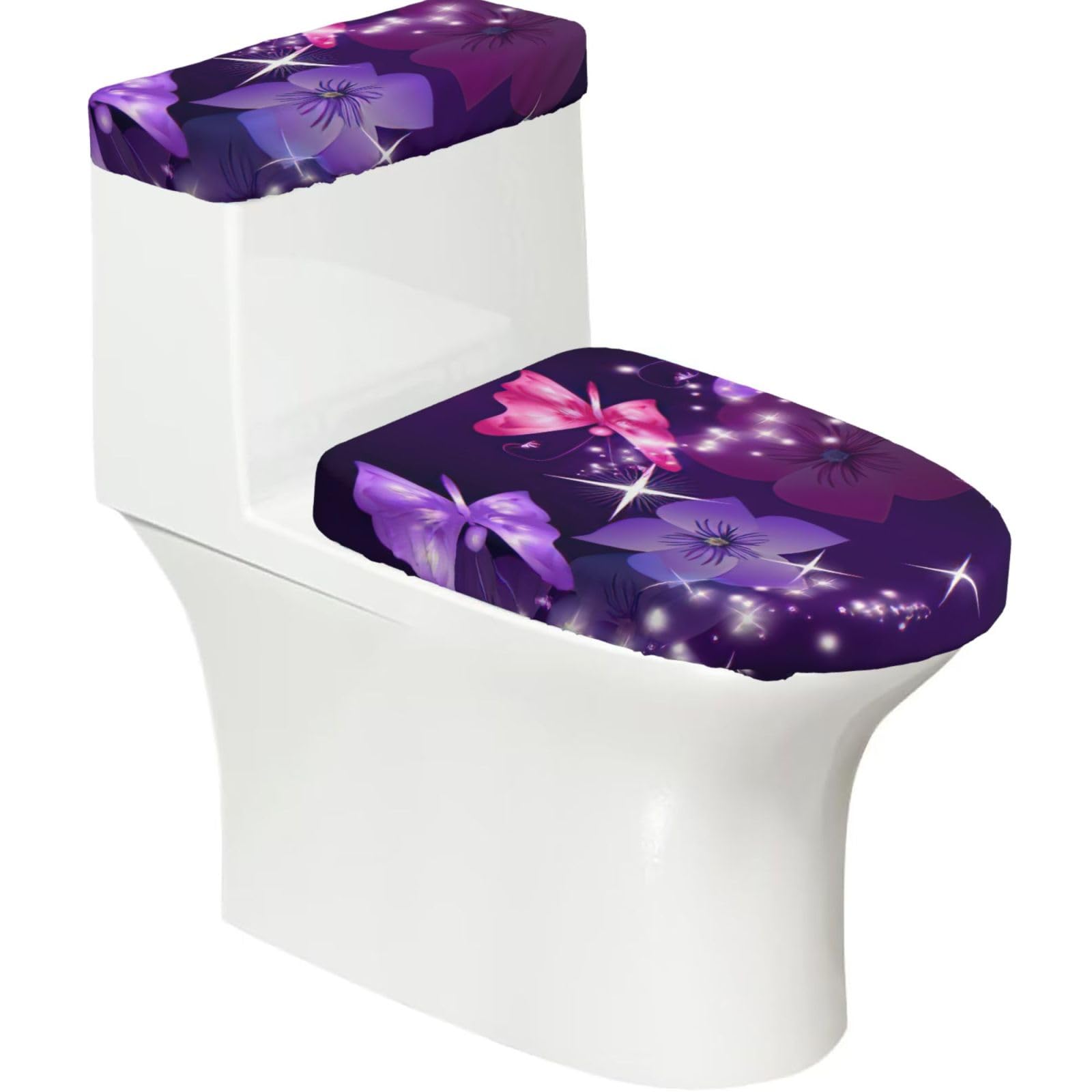 Butterfly Print 2-Piece Stretch Toilet Cover Set, Elastic Breathable Toilet Seat and Tank Lid Protector