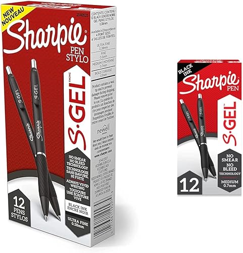 SHARPIE S-Gel, bolígrafos de gel, punta ultrafina (0.015in), negro, 12 unidades y S-Gel, bolígrafos de gel, punta media (0.028in), bolígrafo de gel