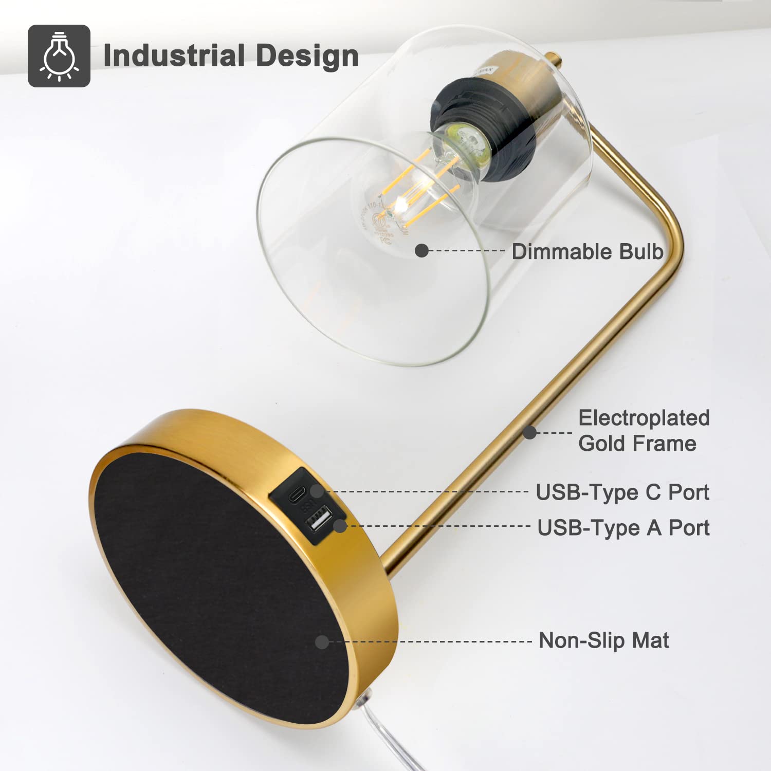 Buy Gold Industrial Table Lamp with 2 USB Ports, Elizabeth Vintage