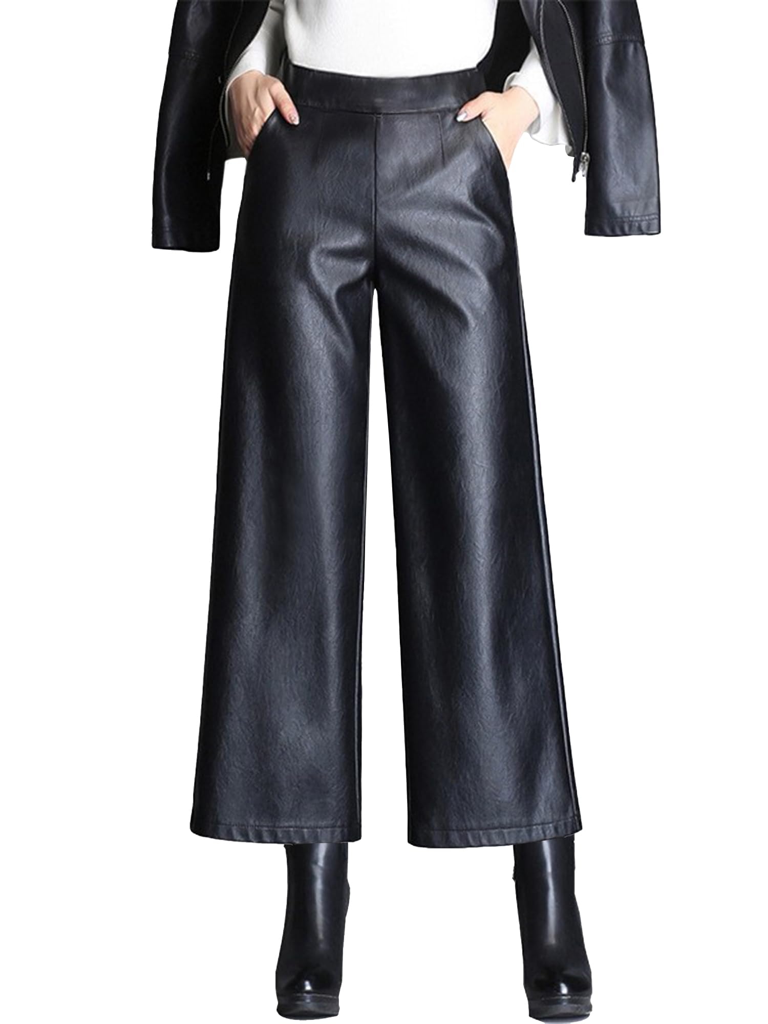Womens Faux PU Leather Pants High Waist Wide Leg Trousers Culottes