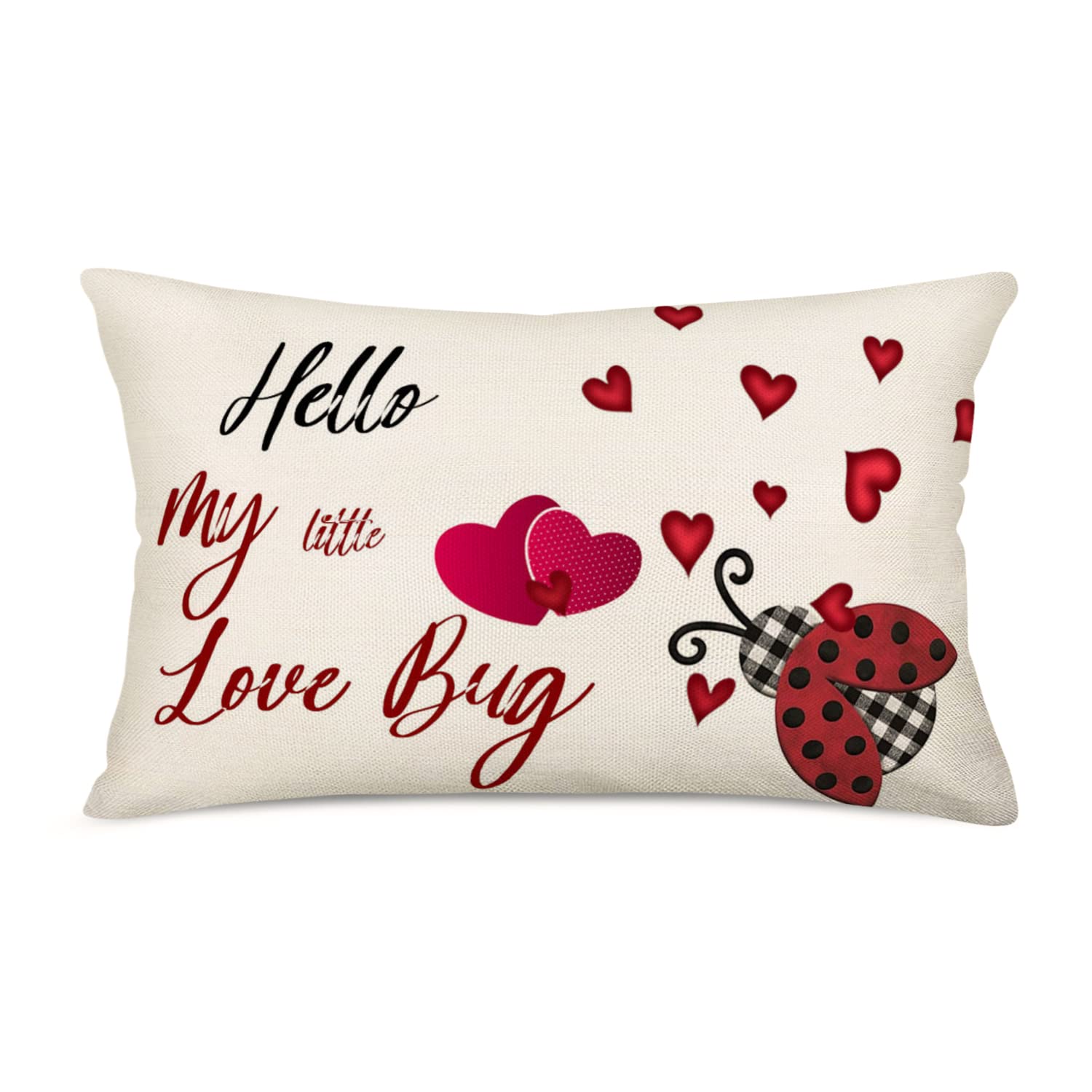 Tlovudori 12x20Inch Happy Valentine Day Lumber Pillow Covers Hello My Love Bug Pink Love Heart Ladybird Valinentine Pillow Case Cotton Linen Home Sofa Couch Cushion Cover
