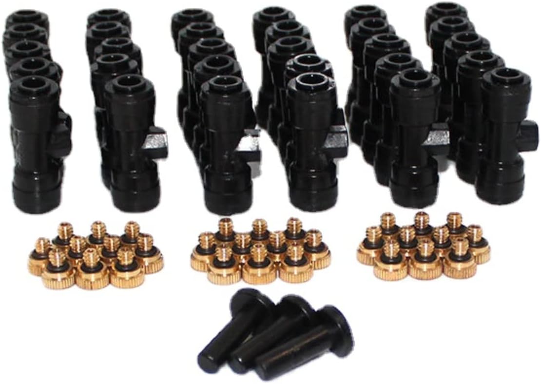 1/4inch Brass Mist Misting Nozzles Set Sprinkler Tee Joints for Misting Watering Plant Flower Cooling System Home Garden Irrigation (33pcs)