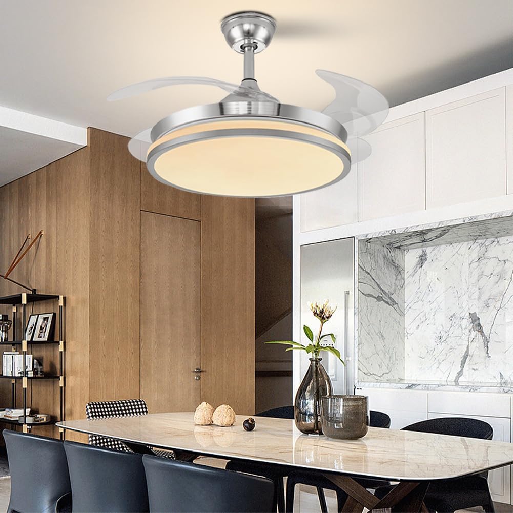 42 Inch Fandelier Ceiling Fan Light with Remote Control, Retractable Fan Blade Chandelier Fan with Silent Motor