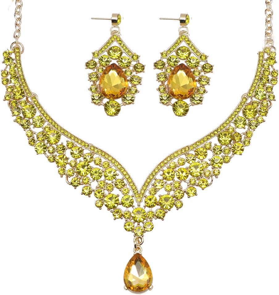 Beaded Necklace and Earring Set with Rhinestone Chains, Clear Stones, Fashion Jewelry Accessories for Women