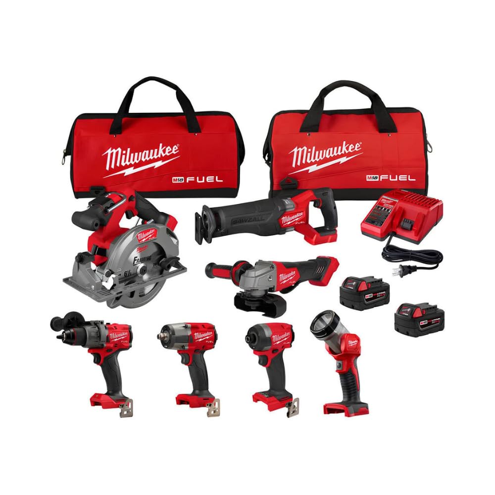 M18 FUEL Brushless 18V Lithium-Ion Cordless Combo Kit with Two 5.0Ah Batteries, 1 Charger, 2 Tool Bags (7 Tools)