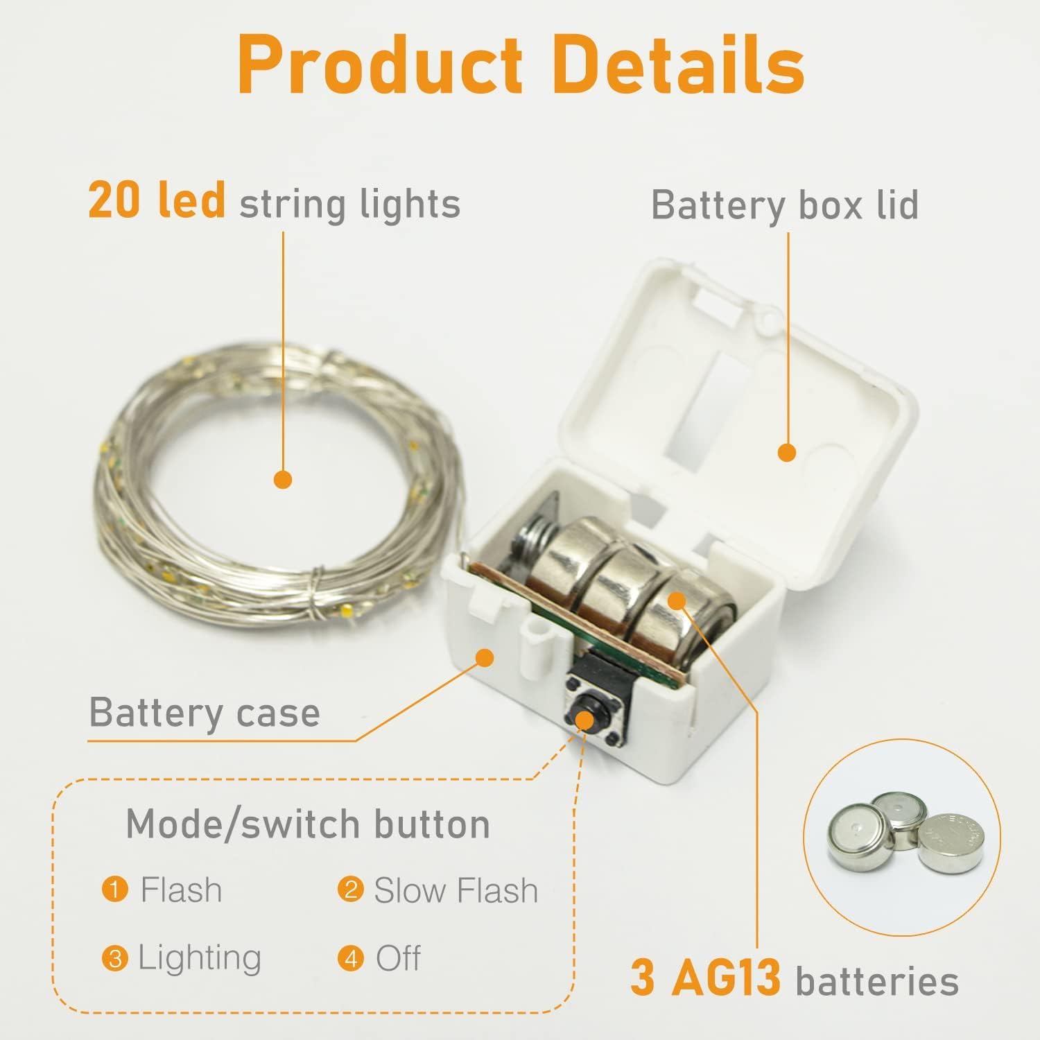 Cadena de luces LED, 6 x Guirnaldas de luces a pilas, alambre plateado cadenas de 2 metros 20 LEDs,para decorar dormitorios,jardines,fiestas,Navidad,Halloween,bodas y más(Blanco cálido)