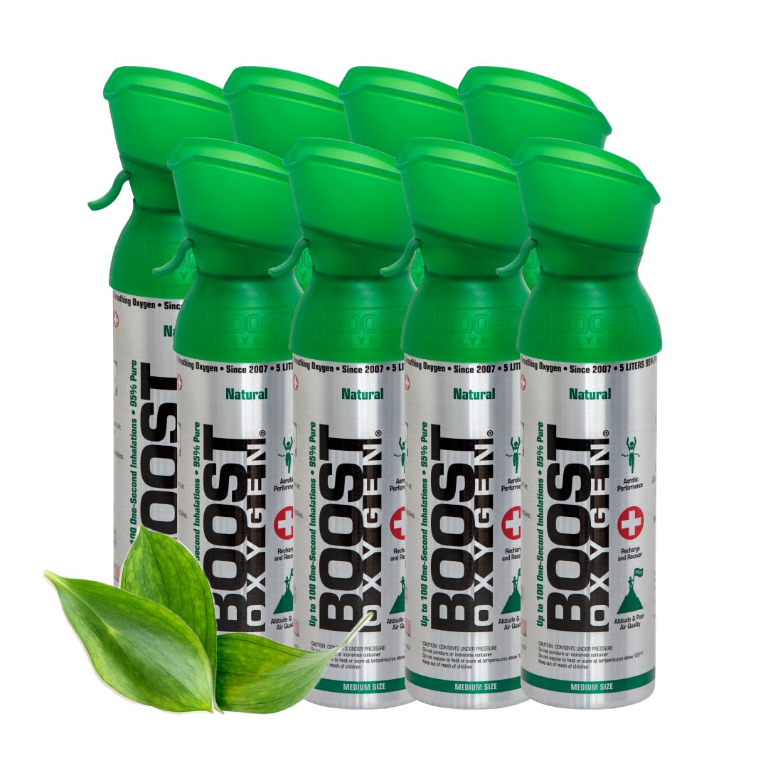 Boost Oxygen Portable Oxygen Cylinder with 95% Oxygen - 40L, 8x5L Oxygen Canister with Oxygen Mask for More Than 800 Inhalations - Portable Oxygen Can, Oxygen for Home use (Natural Flavour)