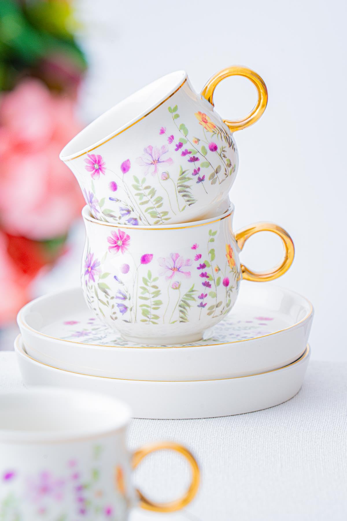Lidya Kaffeetassen Set für 6 Personen – 90 ml – Porzellan – Goldrand – Blumenmuster – Türkisches Kaffeetassen Set
