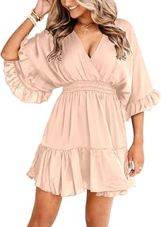 Womens V Neck Casual Dresses Summer Loose High Waist Ruffle Pleated Cute Mini Short Dress