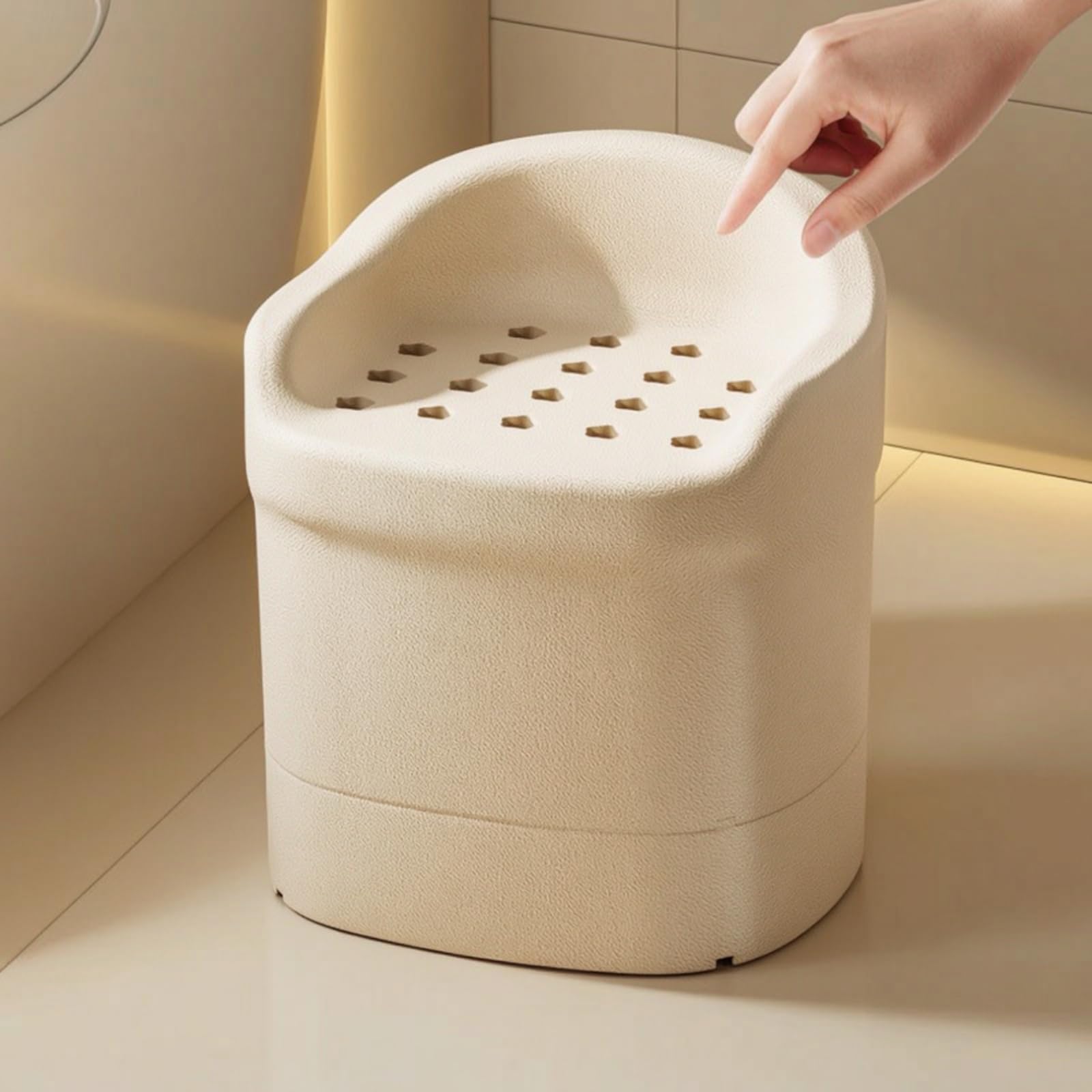 Asiento de para Baño Silla de Ducha Taburete de Baño Banco de Bañera Estructura Cilíndrica Superficie Texturizada Resistente al Agua con Drenaje, Beige, Modelo De Altura Aumentada