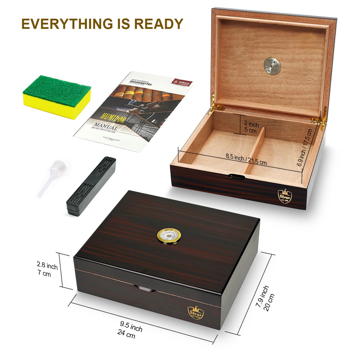 Slege Zigarren Humidore, Humidor-Zigarren,Spanische Zeder Holz Zigarrenbox,mit Humidor Befeuchter,Hygrometer,Teiler,einzelne Schicht,Männer Geschenk Zigarren Zubehör (10-30 zigarren)