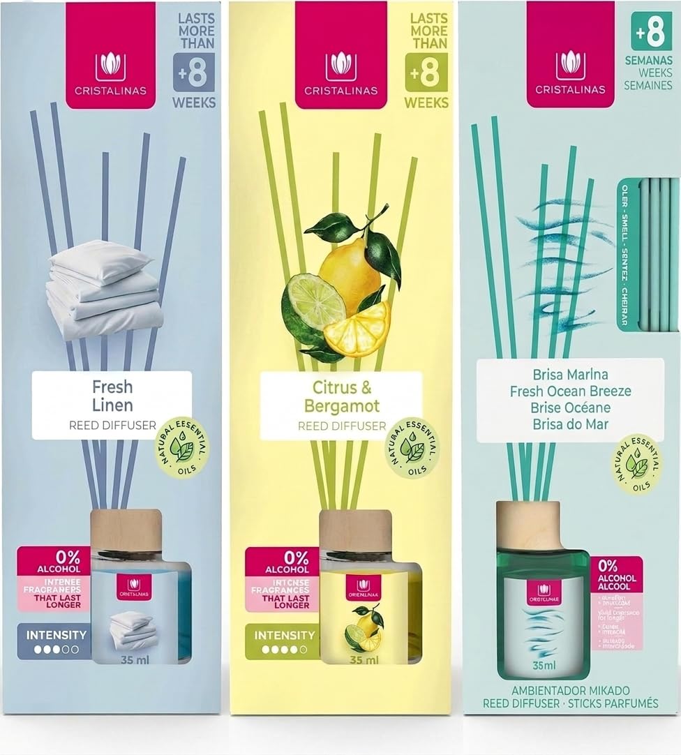 Cristalinas - Fresh Air Freshener Reed Diffuser Bundle, Fresh Linen, Citrus & Bergamot, Ocean Breeze, Pack of 3 x 35ml, 8 Weeks