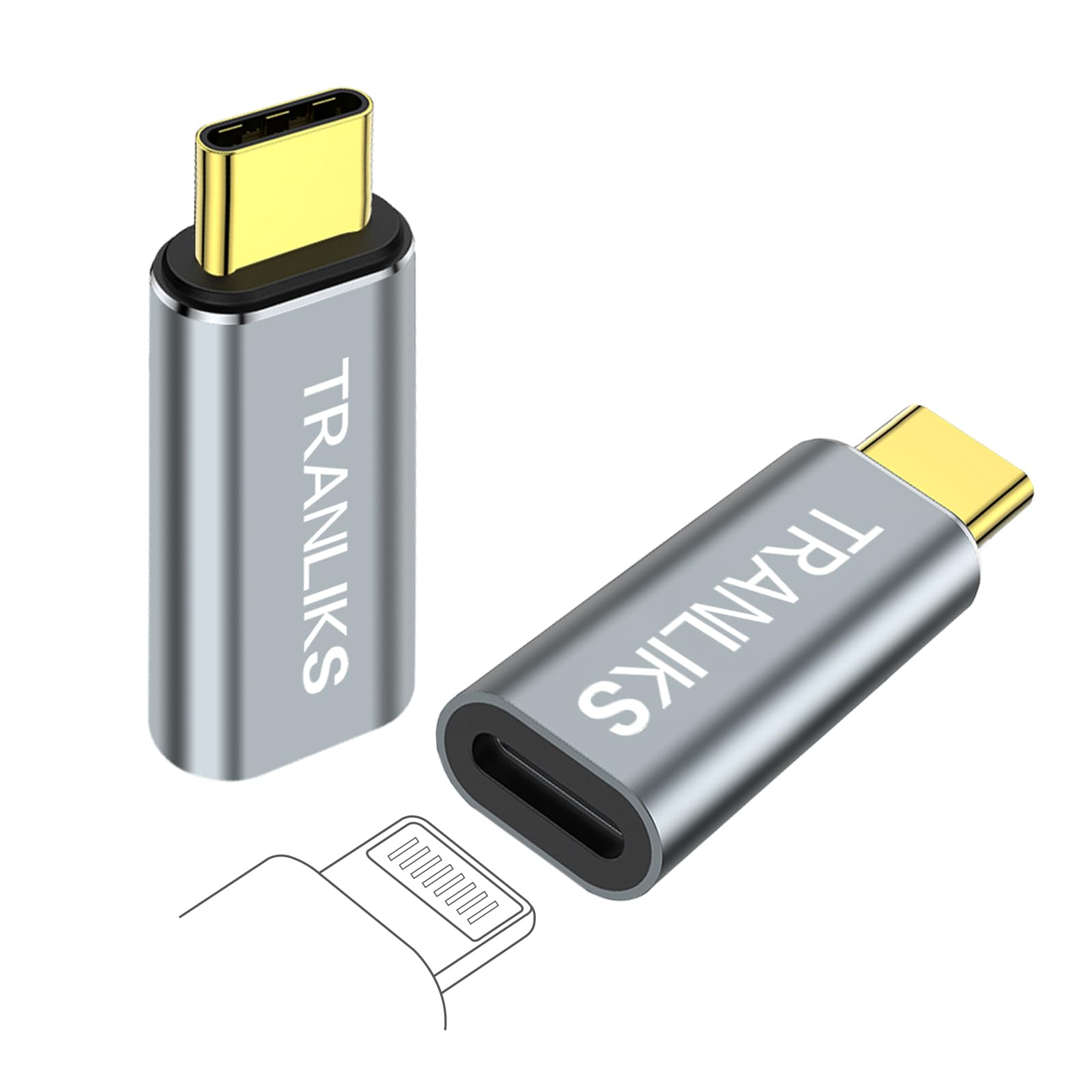 TRANLIKS 2 Pack USB C to Lightning Female Adapter, Supports PD 60W Fast Charging and Data Transfer for 15/15 Pro/15 Plus/15 Pro Max-Gray
