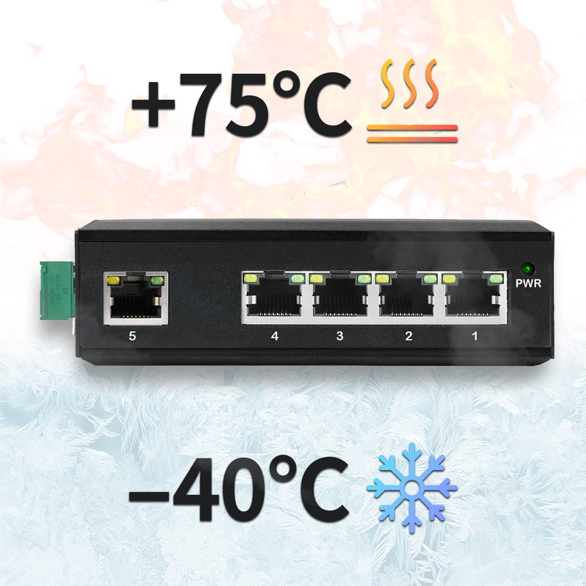 Commutateur réseau 5 ports industriel non géré Gigabit Ethernet DIN-Rail Switch 5 ports Gigabit Ethernet IP40 Température de fonctionnement -40° - 75°C (-40° - 167°F) (Non-POE (12-52VDC))