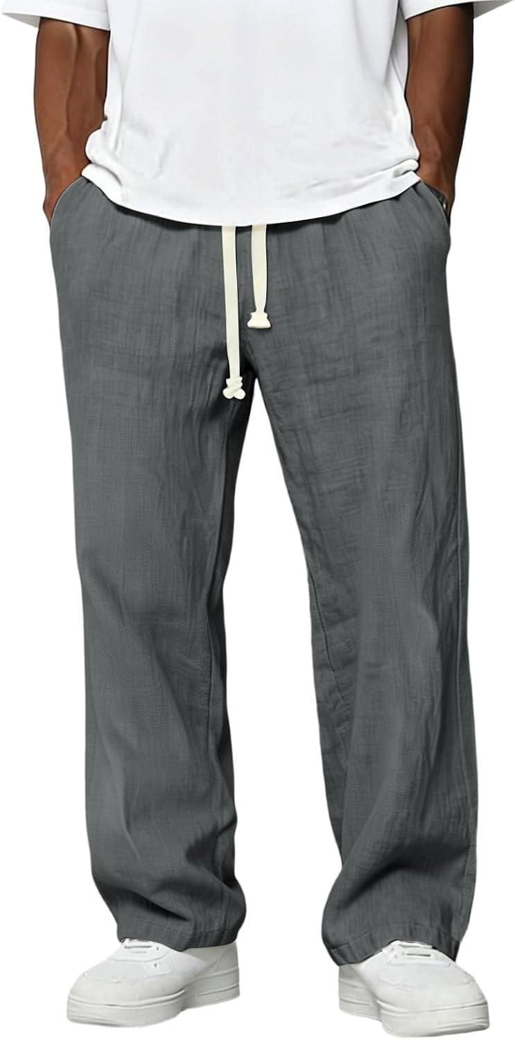 Mens Linen Pants Relaxed Fit Drawstring Elastic Waist Lightweight Beach Pants Baggy Yoga Casual Trousers with Pocket