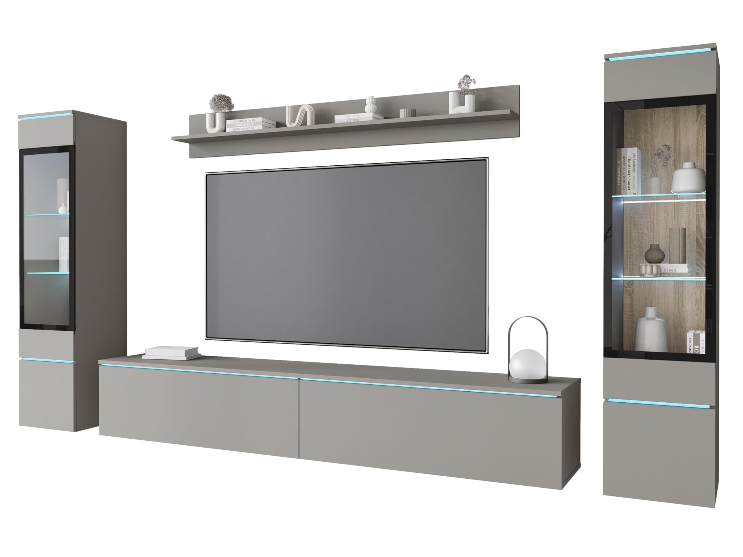 MINIO go for it - Wohnwand 4-Teilig Set Veve 2, Hängend/Stehend - mit LED | Vitrine, Lowboard, Wandboard, Farbe: Grau matt