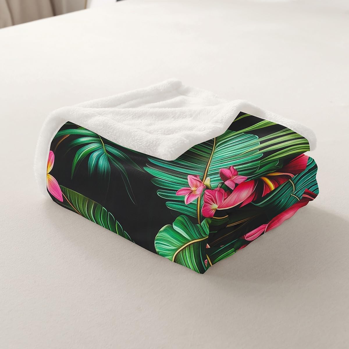 Tropical Fleece Blanket,Hawaiian Plumeria Flowers Watercolor Bed Blanket for Kids Teens,Jungle Botanical Palm Leaves Green Flannel Blanket for Room Decor,Queen 90"x90"