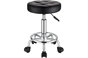 Round Rolling Stools PU Leather Seat Height Adjustable Stool with Wheels in Black