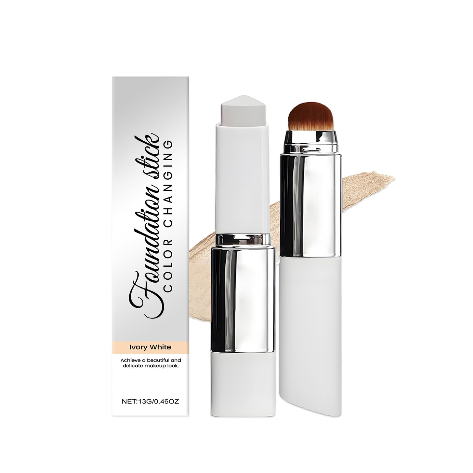 Color Changing Foundation Stick Ivory White – Creamy Full Coverage Makeup Base – Hydrating Long Lasting Concealer Stick with Brush – Smooth Texture Easy to Apply – Korean Style Flawless Finish