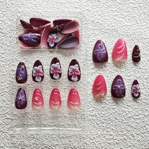Image of Flower Press on Nails Short Almond Fake Nails Purple Pink Ombre False Nail with Embossment Design Pearl Glue on Nails Artificial Acrylic Nail Full Cover Stick on Nail for Women Manicure 24Pcs
