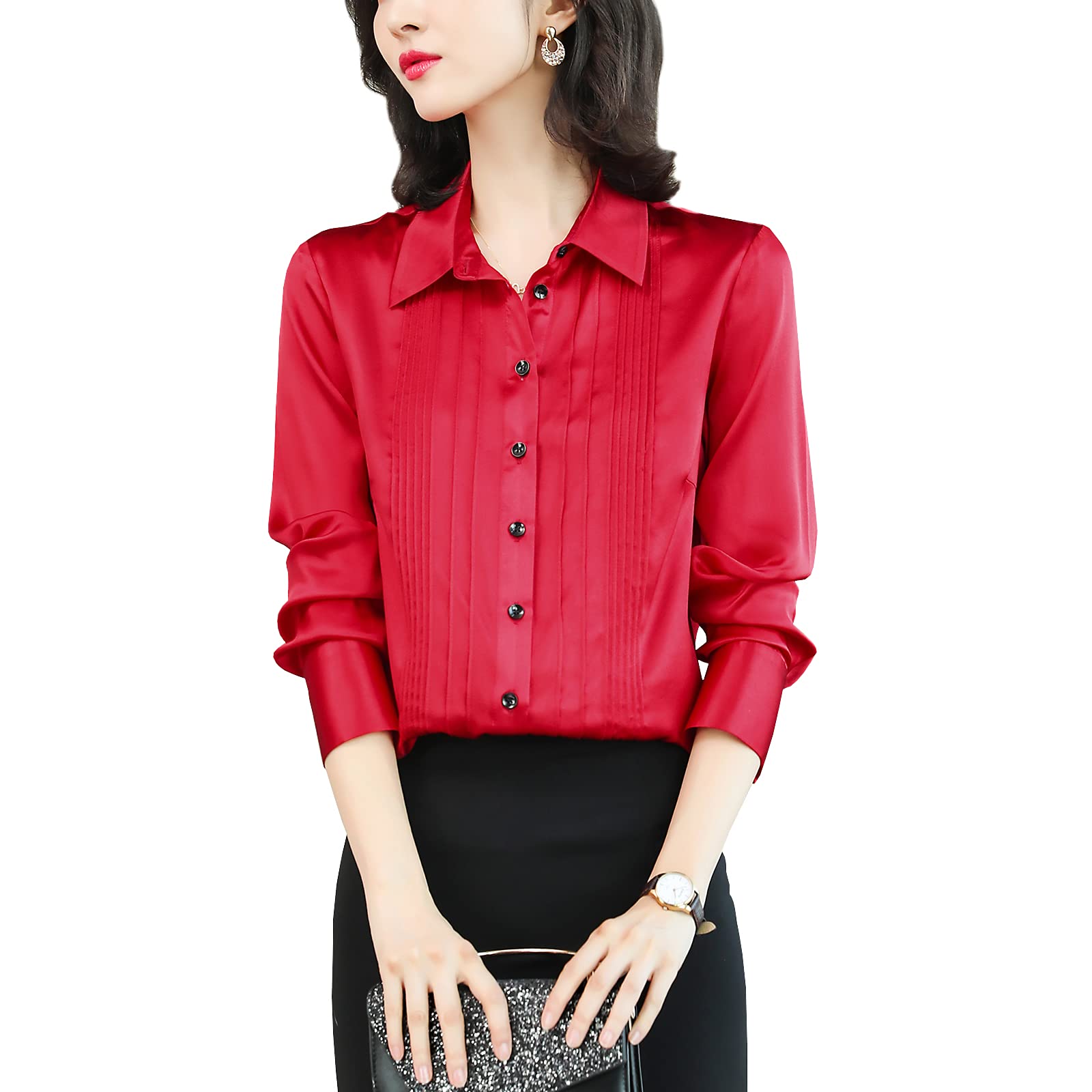 DISSA S6619 - Blusa de seda para mujer, con botones sólidos, manga larga, con solapas, de seda, rojo, 40