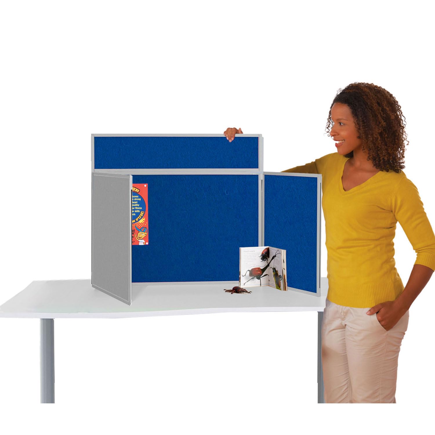 Wonderwall Tabletop Exhibition Folding 3 Panel Display Kit, Landscape, Lightweight, Royal Blue/Grey Pinboard, PVC Frame, Clip-on Header & Storage Bag, for Office, School, Exhibition, Info Hubs