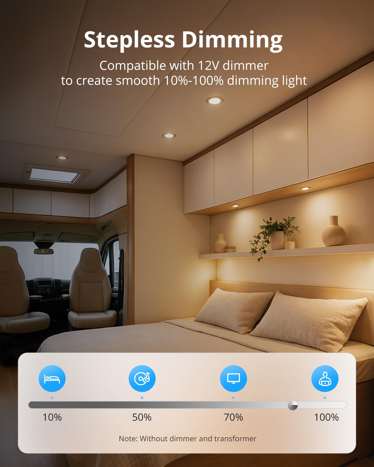 Gr4tec LED Spot 12V ściemnialny, 4 x wpuszczany spot LED płaski ciepły biały 3000K 3W, światła wpuszczane IP44, punkty sufitowe 12mm ultra płaskie, wpuszczany otwór punktowy 58-62mm dla kamperów