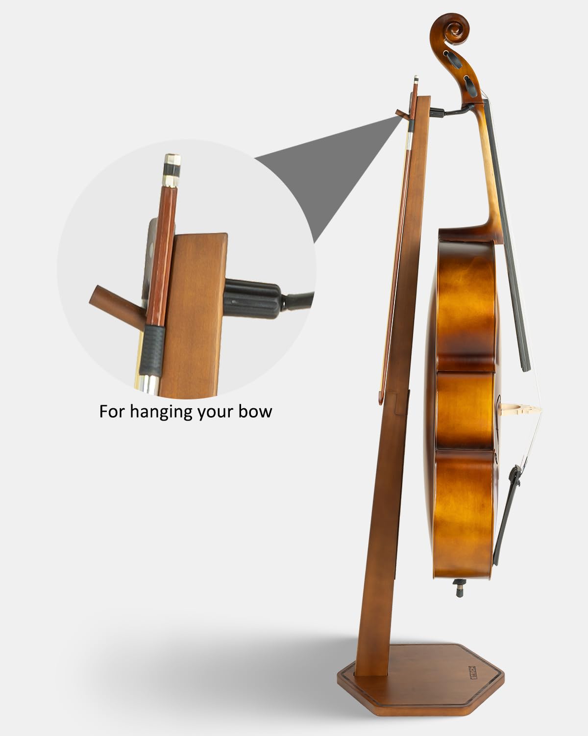 STRICH Holz-Cello-Ständer mit Bogenhalter, strapazierfähiger Standfuß, Cello-Holzständer für 1/2, 1/4, 3/4, 4/4,1/8, 7/8 Standardgröße, für Zuhause und Studio
