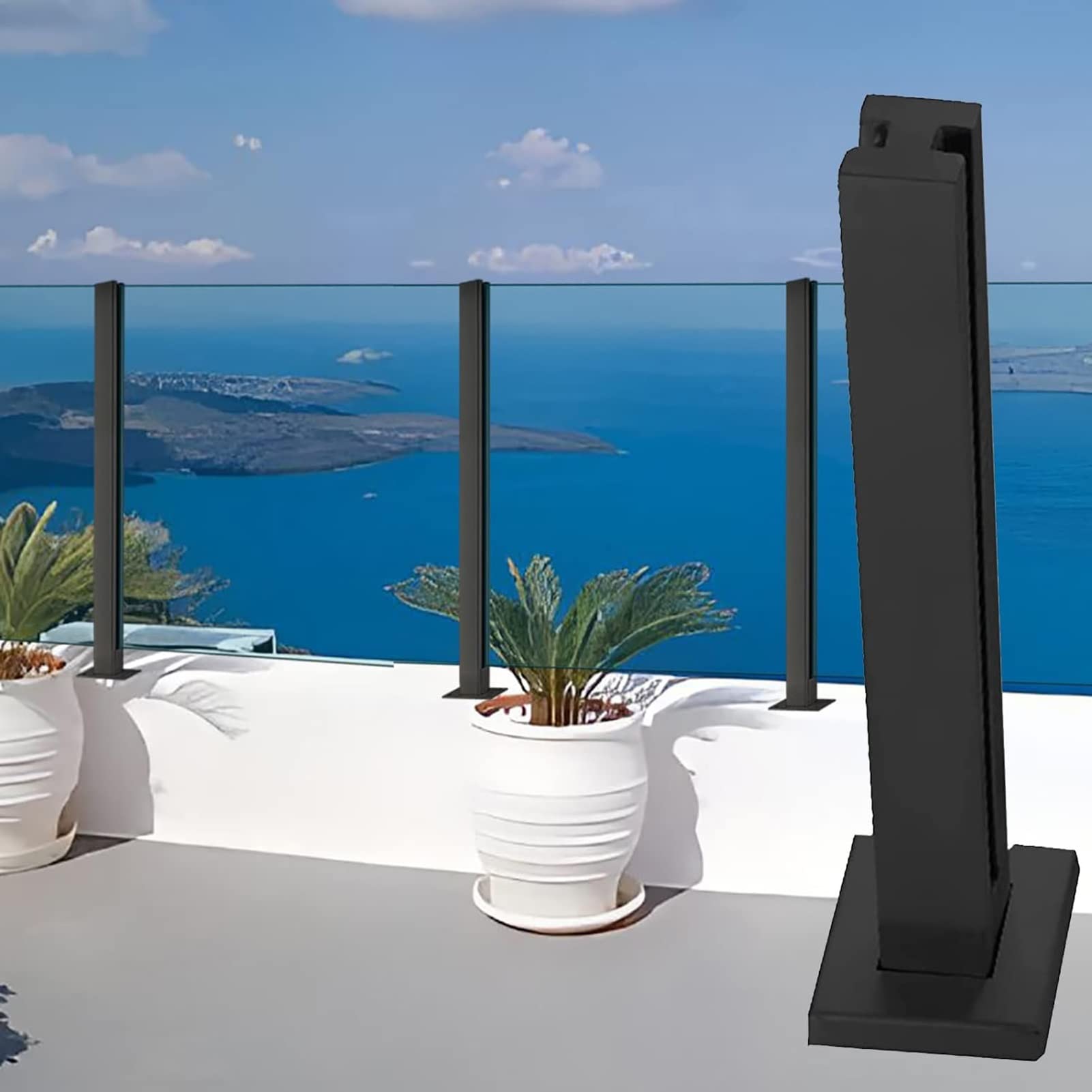Poteau de balustrade en verre noir avec base de clôture de terrasse