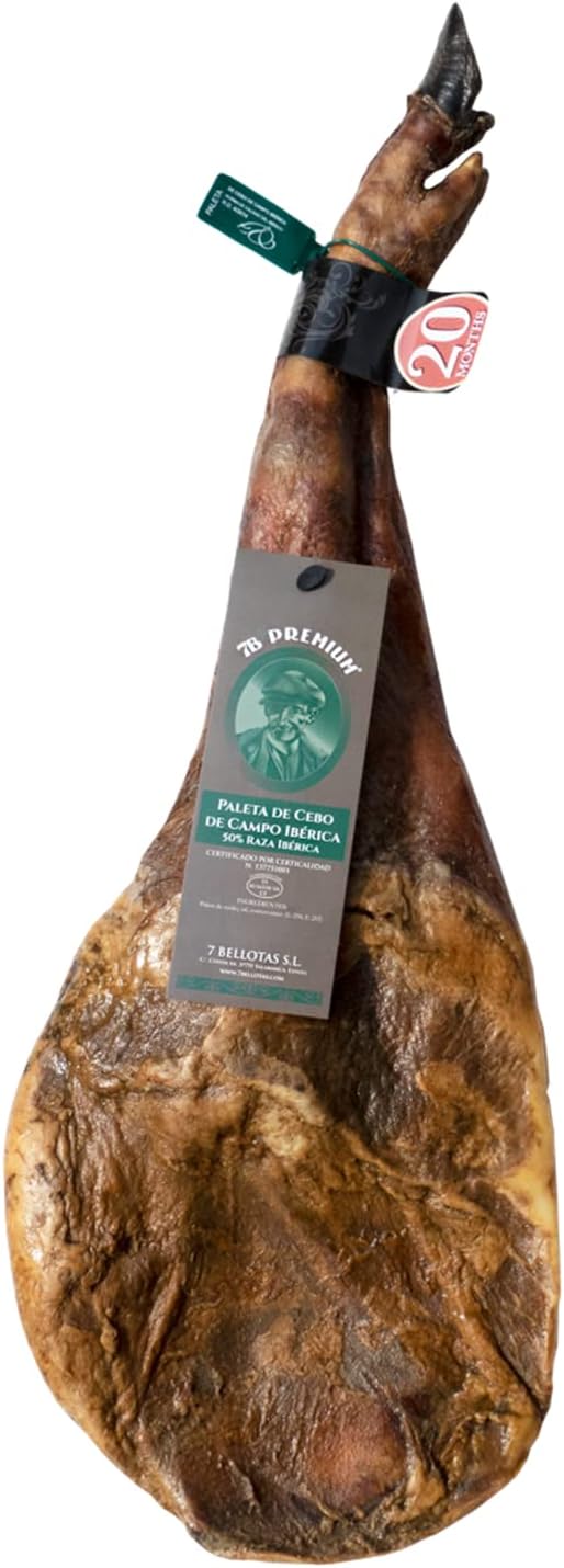 50% Iberian Race Shoulder Ham | Made From Free Range Iberico Pigs | Spanish Jamon Iberico Pata Negra | 20 Months Natural (Bone-in + 5,5 Kg.)