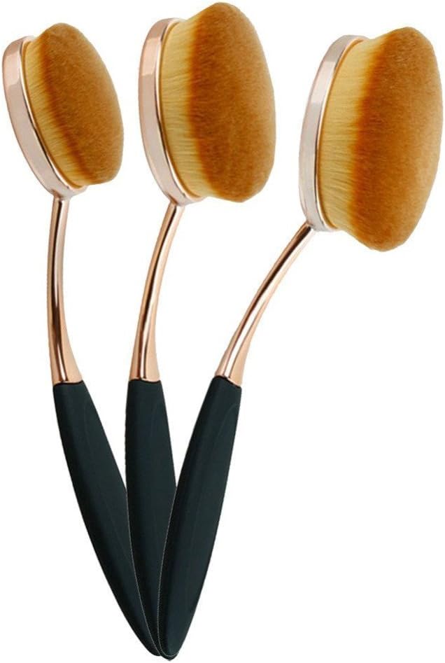 Fashionbase 3Pcs New Pro Big Oval Brush Liquid Cream Foundation Loose Powder Contour BlushToothbrush Curve-Beauty Tools (Golden)