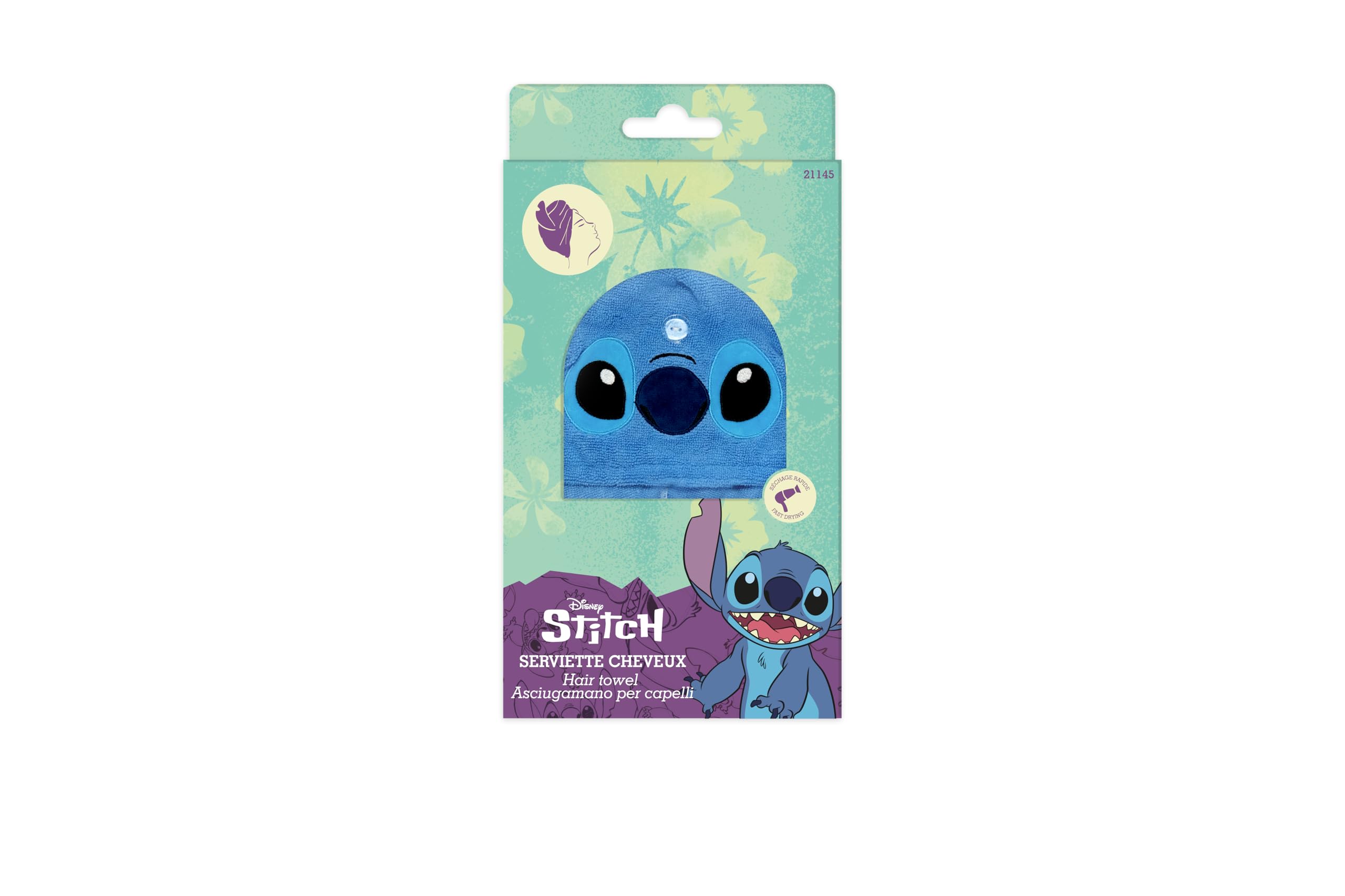 DISNEY STITCH – Asciugamano Capelli Bambini in Microfibra Morbida – Asciugatura Rapida Senza Calore – Delicato e Pratico – Prodotto Ufficiale Disney