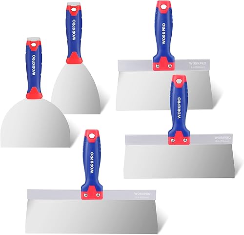WORKPRO Juego de cuchillos para paneles de yeso, cuchillo de acero inoxidable con cuchillas de 4, 6, 8, 10 y 12 pulgadas y extremo de martillo de