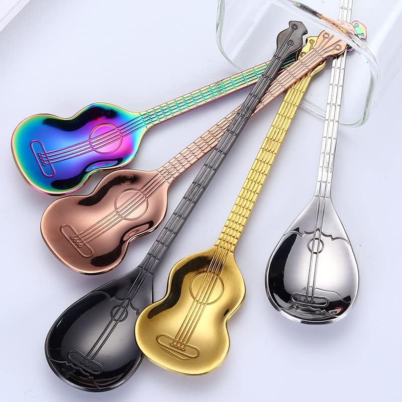 Silverware Flatware Set, 1/4/6/8 Pieces Creative 304 Stainless Steel Coffee Spoons Stirring Musical Instrument Pipa Guitar Spoon Music Bar Spoon Gift Spoon(Black,6 Pieces)