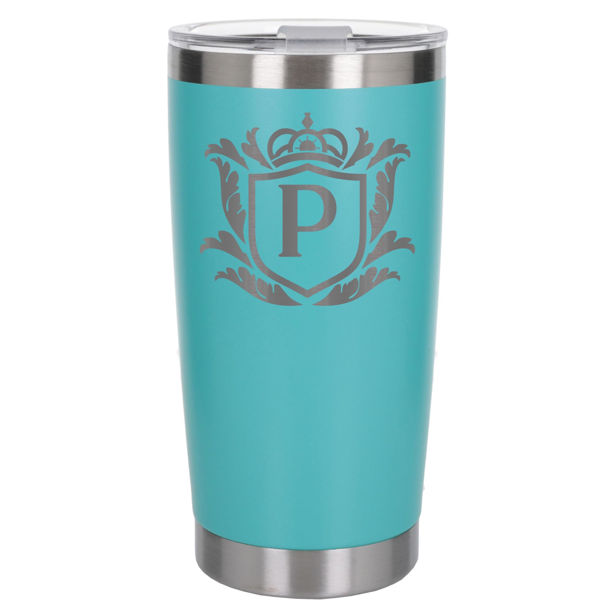 Customised Gifts 500ml Engraved Shield Initial Monogram Insulated Personalised Turquoise Travel Mug for Men and Women - Personalised Initial Coffee Travel Mug for Hot and Cold Beverages, Letter P
