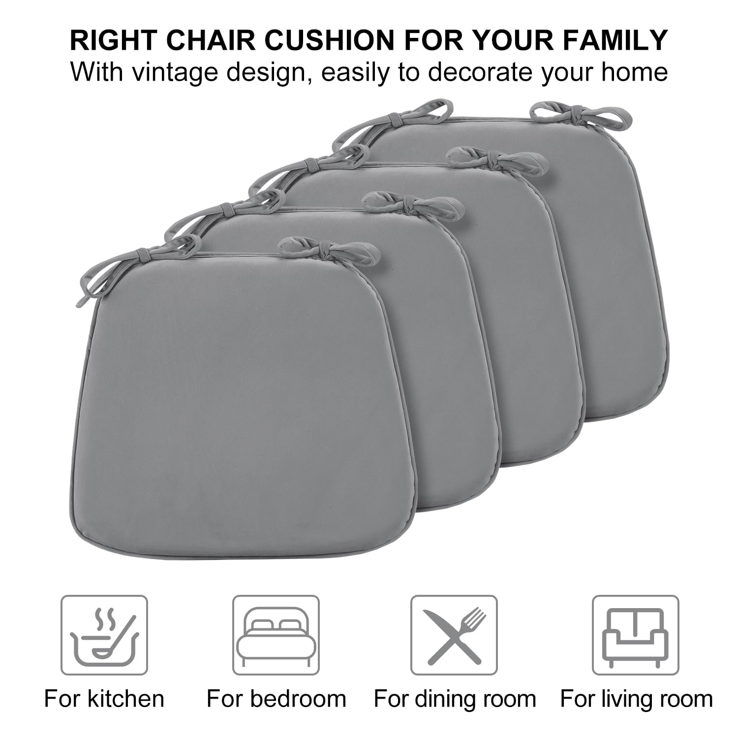 LOVTEX Chair Cushions for Dining Chairs 4 Pack - 17"x16"x1.5" Kitchen Chair Cushions - Dining Chair Pads with Ties, Grey
