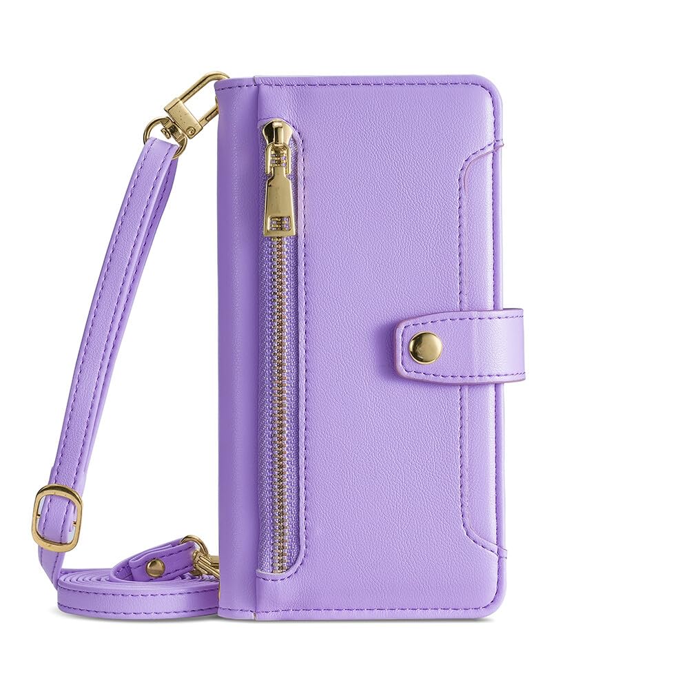 Generic Compatible con Samsung Galaxy S21 (color púrpura) Funda tipo cartera de piel lisa con cremallera y correa para el hombro