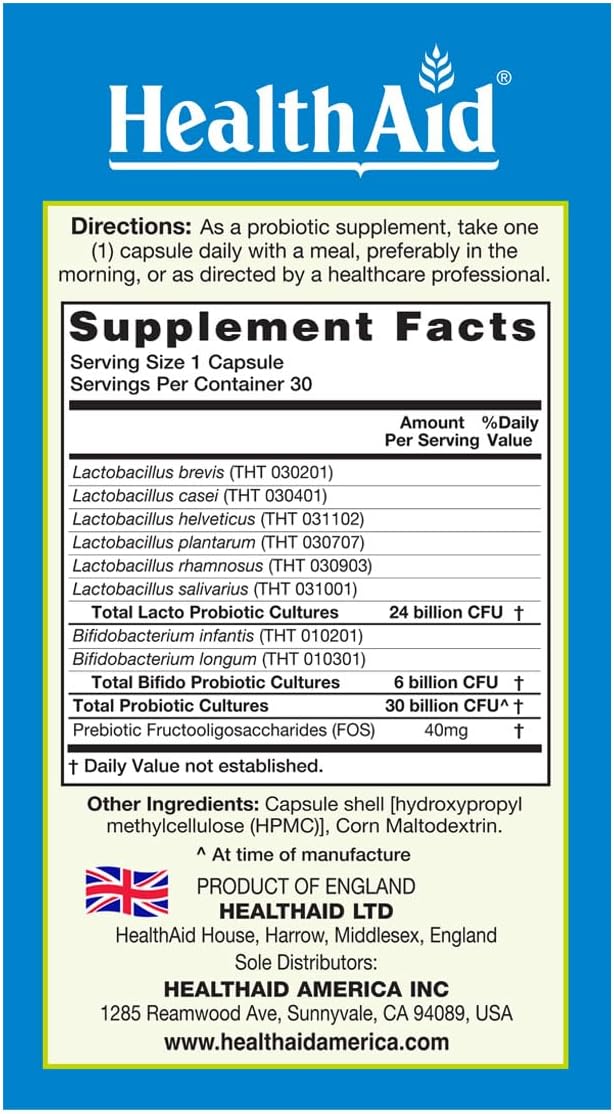 HealthAid MoodProbio Gut-Brain Support Probiotic, 30 Billion CFU with Prebiotic, 8 Targeted Strains, Once Daily Supports Mood Balance, Digestive Health & Emotional Wellbeing – Vegan, 30 Capsules*