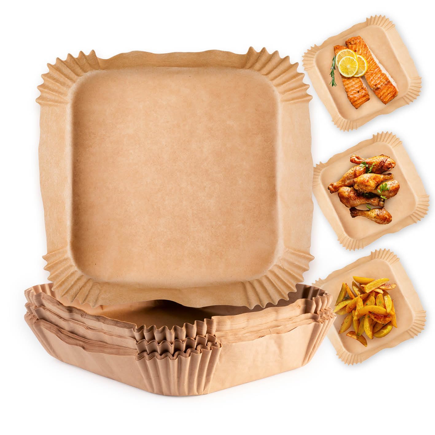 GOURMETmaxx Backpapier für Heißluftfritteuse 2 bis 5 Liter | Backpapierschale antihaftbeschichtet & ölbeständig | Airfryer Backpapier – flexible Form | 100 Stück – 16 x 16 x 4,5 cm