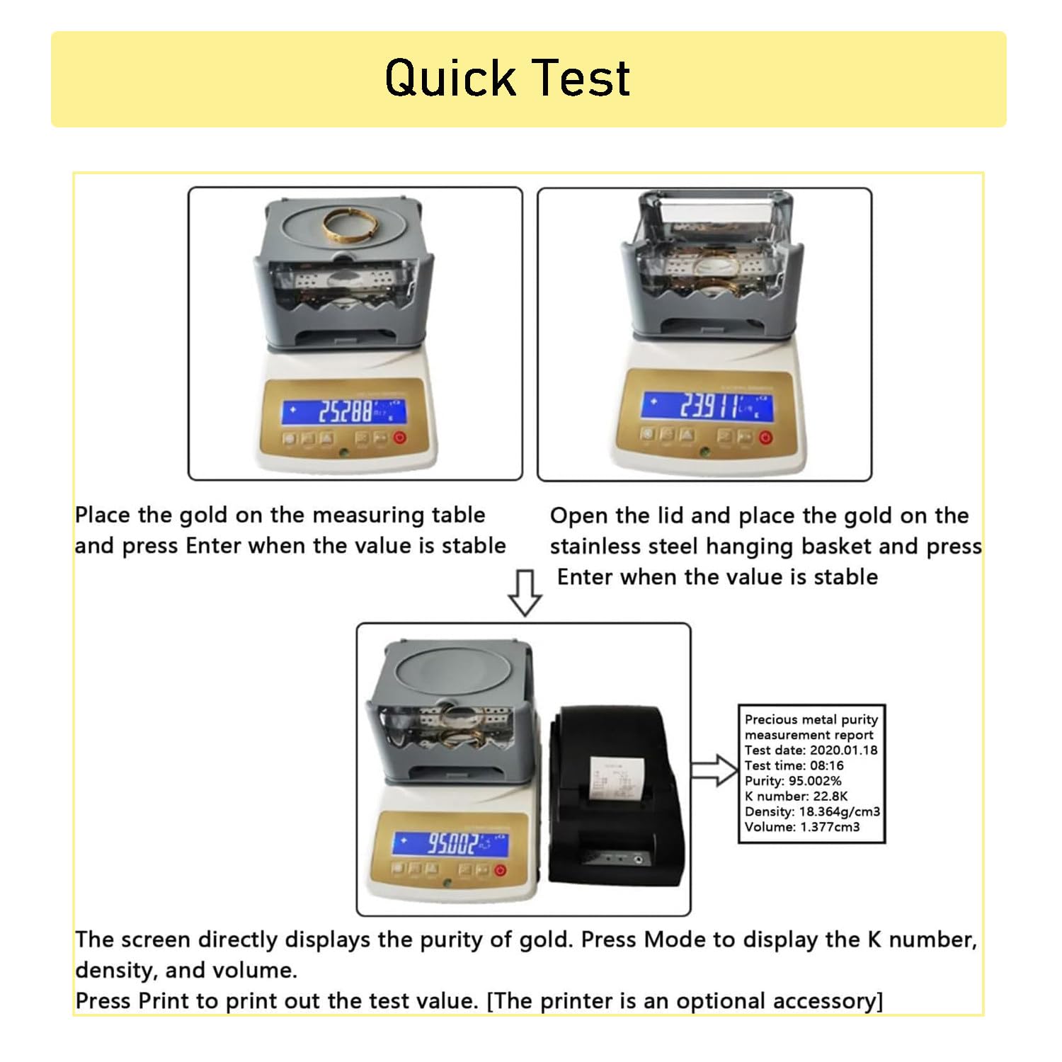 Tester di purezza dell'oro non distruttivo per metalli preziosi, analizzatore di densità con display LCD, kit include scala e filo, tester portatile per gioielli, controllo carati