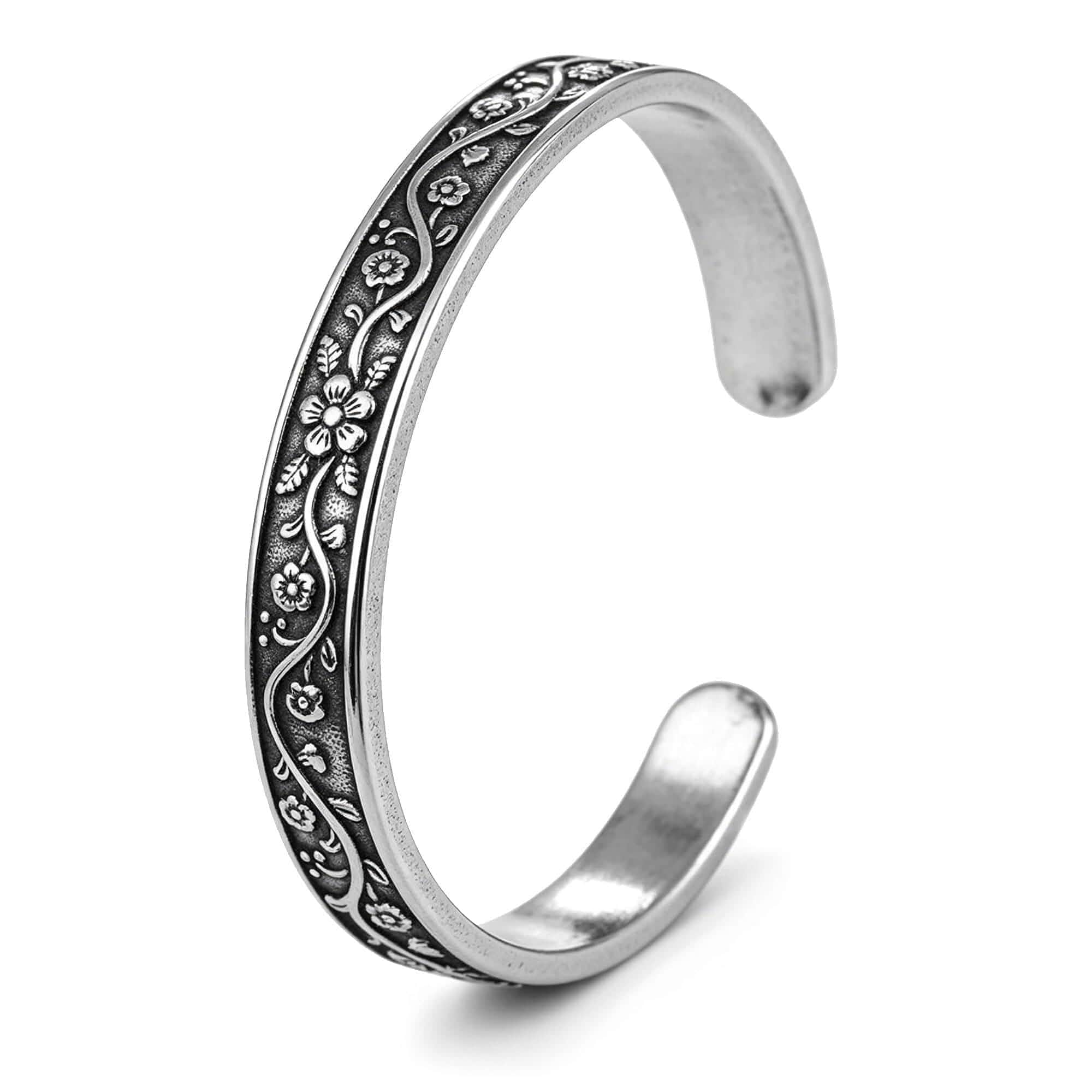 Stainless Steel Vintage Floral Open Cuff Bracelet for Women Retro Antique Silver Flower Vine Bangle, Boho Stacking Wrist Jewelry Gift for Women Mom Sister Birthday, Adjustable Open