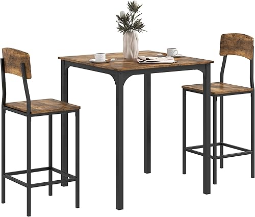 3 Counter Height Bar Table and Chairs Set, Small Dining Table Set for 2, Square Kitchen Table and Stools with Steel Frame, Rustic Brown and Black