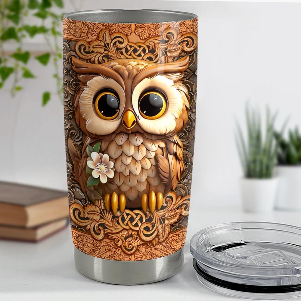 SANDJEST Owl Tumbler 20oz Owls Gifts for Women Girl Owl Wood Drawing Stainless Steel Insulated Tumblers Coffee Travel Mug Cup Gift for Birthday Christmas - Image 4