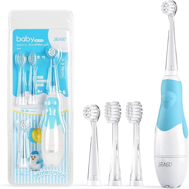 Seago Kids Electric Toothbrush,Children's Power Toothbrushes with 4 Dupont Brush Heads and Led Light,IPX7 Waterproof,2-Min Timer for Children Aged 6 Months to 4 Years,Penguin Shape Design Blue