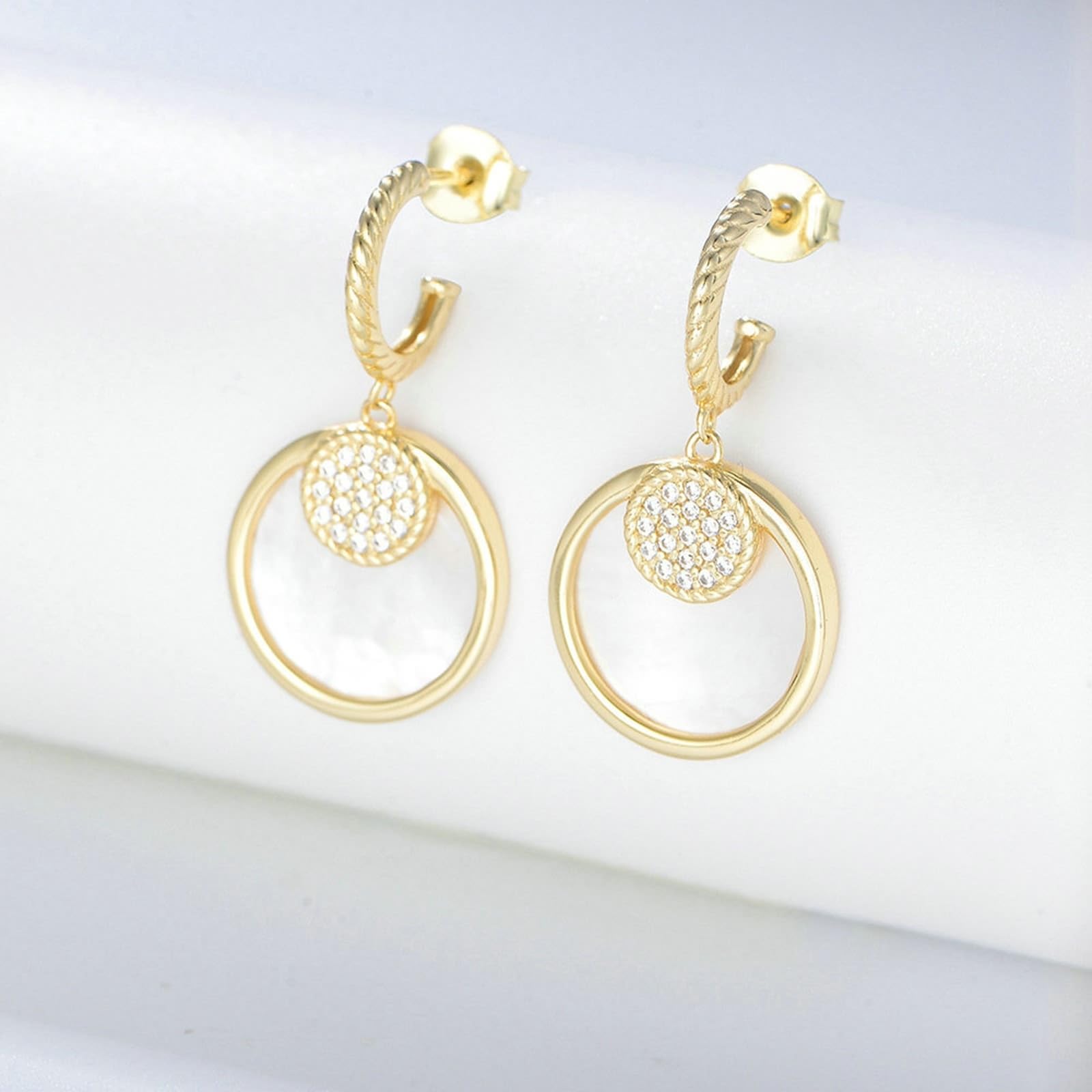 Echt Schmuck Ohrringe Weißgold 18 Karat 750 mit Diamant, Klassiker Rund Ohrhänger 18K Gold Muschel