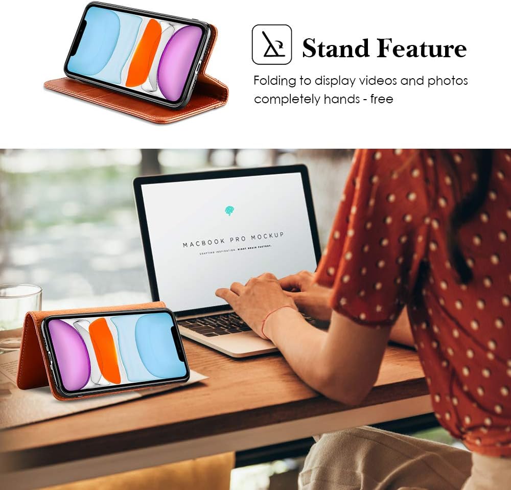 ProCase iPhone 11 Genuine Leather Case, Vintage Folio Flip Case with Card Holders Kickstand Leather Wallet Case for iPhone 11 2019 –Brown