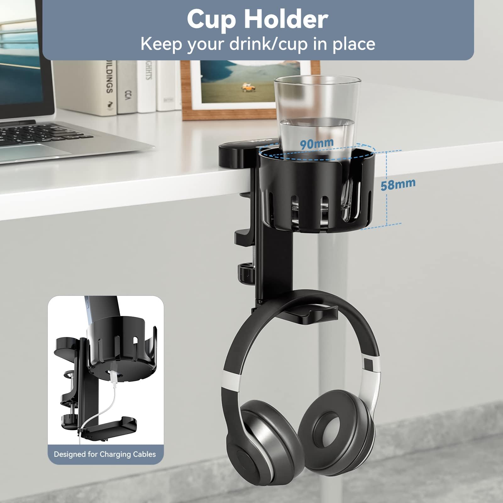 KDD Rotatable Headphone Hanger - Under Desk Clamp Controller Stand Replaceable Cup Holder - Compatible with Universal Headset, Controller, Cup(Black)