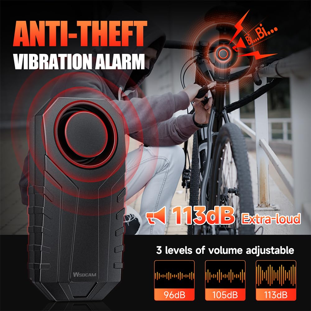 WSDCAM Allarme per bici aggiornato con telecomando, allarme di sicurezza antifurto forte da 113 dB, raggio di 60 m, impermeabile IP65, ricaricabile USB-C, clacson e localizzatore per bici elettriche