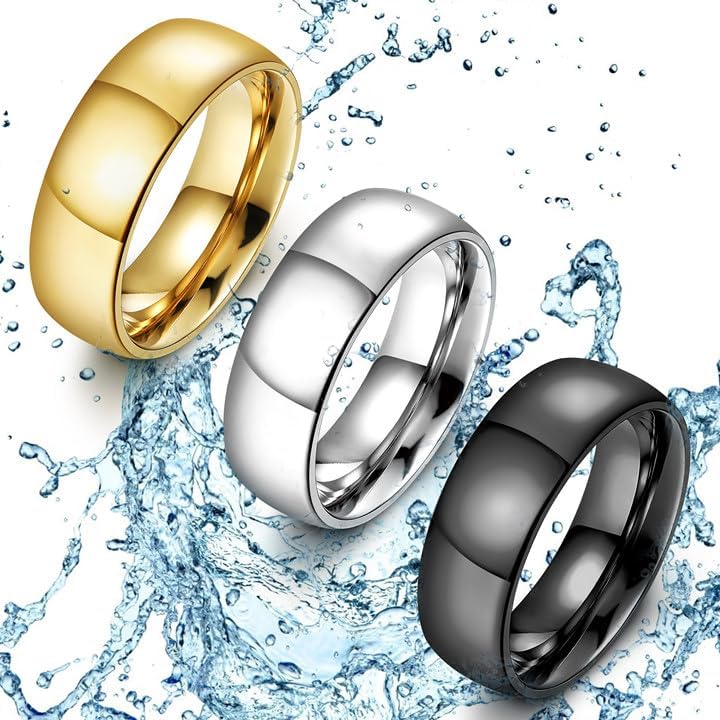 FIASASO 3Pcs Stainless Steel Rings for Men 6MM Wedding Bands for Women Mens 14K Gold Plated Silver Plated Black Ring Set Domed High Polish Comfort Fit 6-12 - Image 6